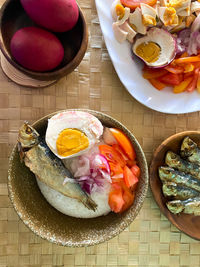 High angle view of breakfast in plate on table