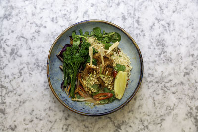 High angle view of food in bowl on table