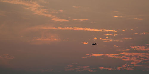 Low angle view of airplane flying in sky during sunset