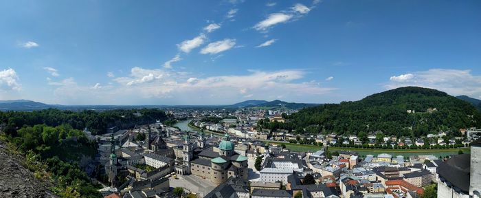 High angle shot of townscape against sky