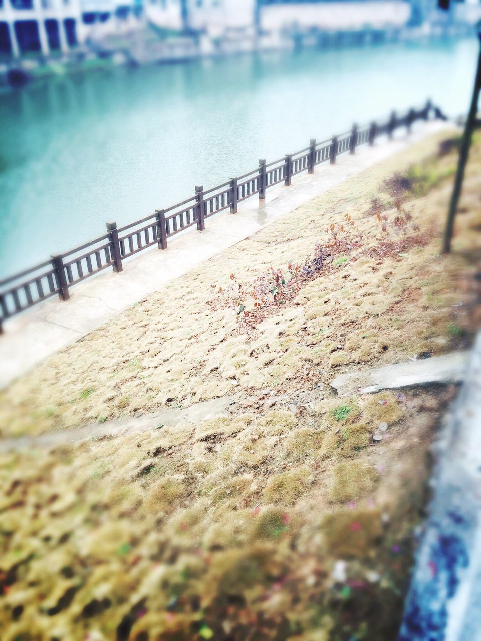 water, railing, selective focus, metal, focus on foreground, river, fence, surface level, close-up, day, nature, outdoors, sea, wet, bridge - man made structure, pier, tranquility, no people, connection, in a row