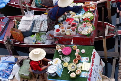 High angle view of food for sale at market stall