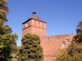 Low angle view of building against clear blue sky