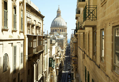 High angle view of carmelite order church on city street