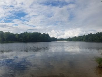 Scenic view of calm lake against cloudy sky