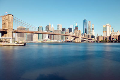 Bridge over river by buildings against clear blue sky