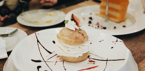 High angle view of cake served on table