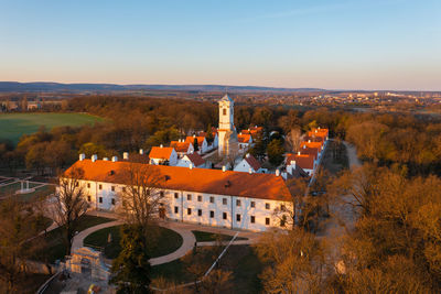 The famous baroque camaldolese monastery at majk on a spring morning from drone point of view.