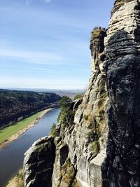 High angle view of river by rock formations against sky