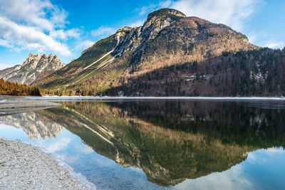 Scenic view of lake and mountains against sky