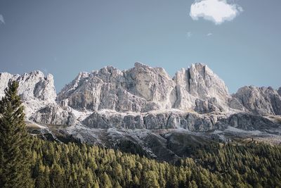 Low angle view of snowcapped mountains against sky