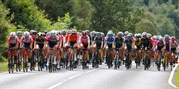 Group of people in row on road