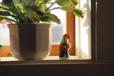 Young woman by potted plant on window sill at home