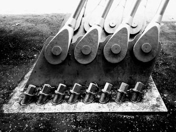 High angle view of various objects on wood