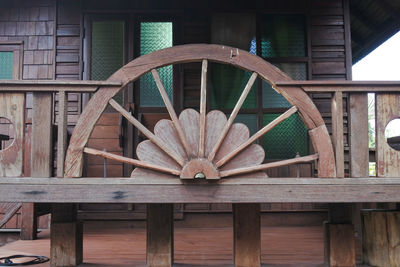 Full frame shot of wooden railing in building