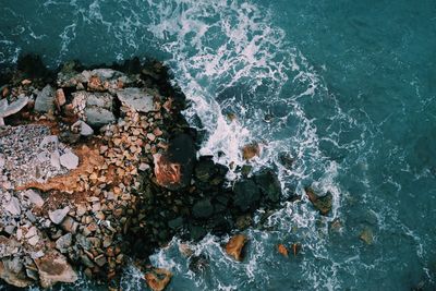 High angle view of rocks in sea