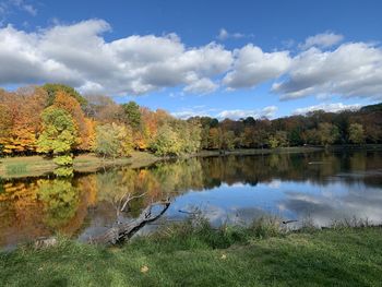 Scenic view of lake by trees against sky