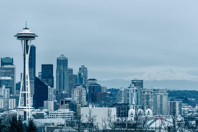 Modern buildings in city during winter