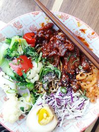 High angle view of food served in plate