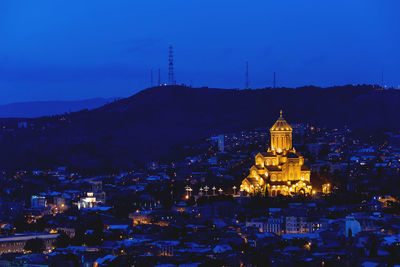 Night aerial view on holy trinity cathedral of tbilisi, commonly known as sameba, georgia country.