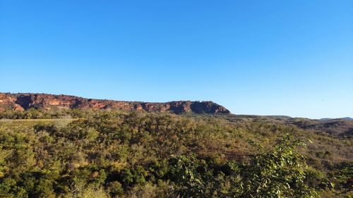 Scenic view of landscape against clear blue sky