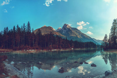 Panoramic view of lake and mountains against sky