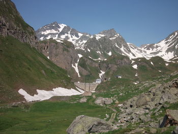 Scenic view of snowcapped mountains against clear sky