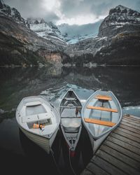 Boat in lake against mountains during winter