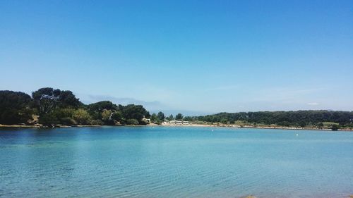 Scenic view of sea against clear blue sky