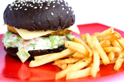 Close-up of burger and fries in plate