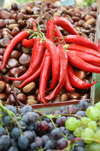 Close-up of vegetables and fruits for sale in market