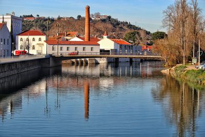 River by buildings in city against sky