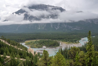 Panoramic image of the tranquil bow river close to banff, banff national park, alberta, canada