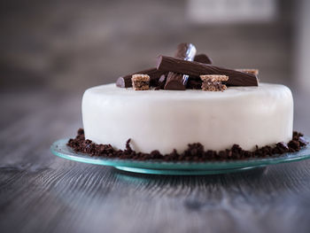 Close-up of cake in plate on table