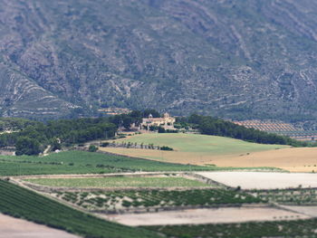 View with filter effect model, tilt shift, of the fields near fontanars dels aforins, valencia 