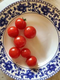 High angle view of strawberries in plate