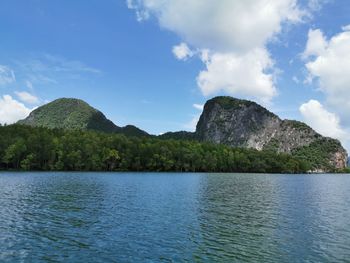 Scenic view of sea and mountains against sky