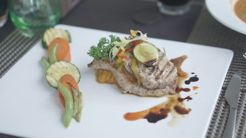 High angle view of food served on table