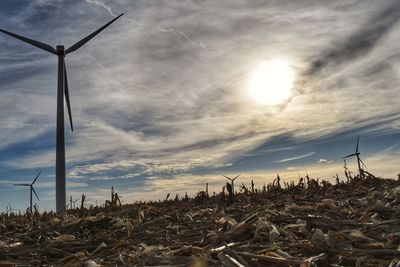 Wind turbines on field against sky