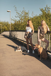 Young women with dogs standing on footbridge against clear sky during sunny day