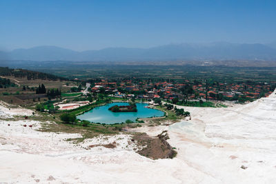 High angle view of buildings against sky