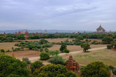 High angle view of historic temples at bagan archaeological zone