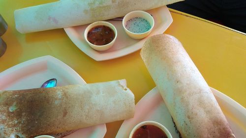 High angle view of breakfast served on table