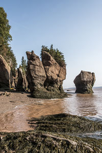 Scenic view of rocks in sea against clear sky