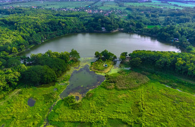 Aerial view of tanjungan dam in mojokerto, indonesia. drone photography.
