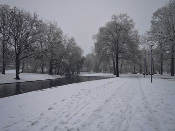 Road amidst trees against clear sky during winter