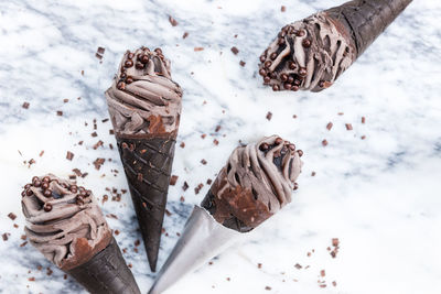 High angle view of chocolate cake on ice cream