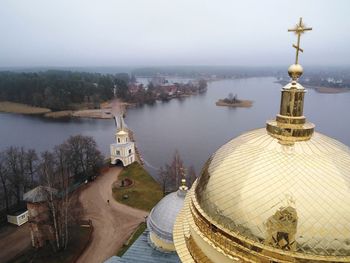 High angle view of cathedral and buildings in city