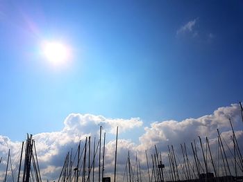 Low angle view of sailboat against sky on sunny day