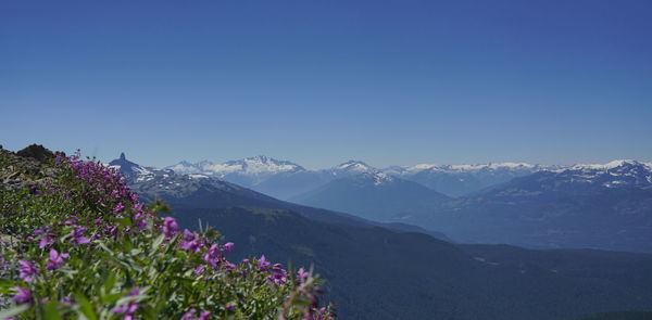 Scenic view of mountains against blue sky